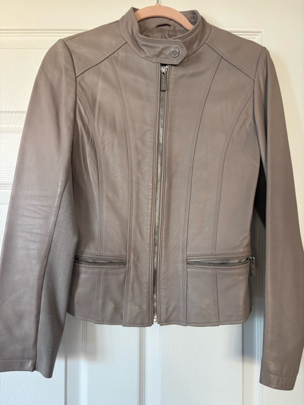 MICHAEL Michael Kors Taupe Leather Zip-Front Moto Jacket